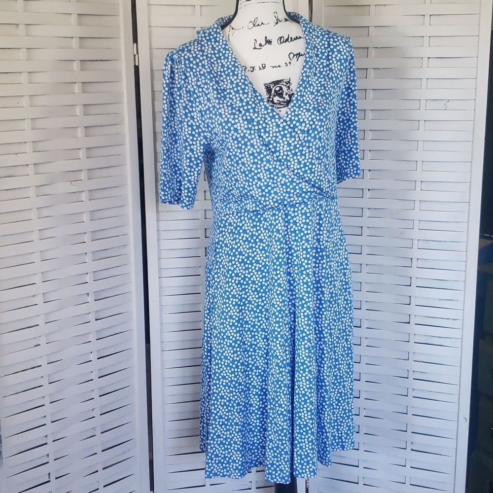 Boden new fixed wrap British style blue with white dots woman dress size 10L